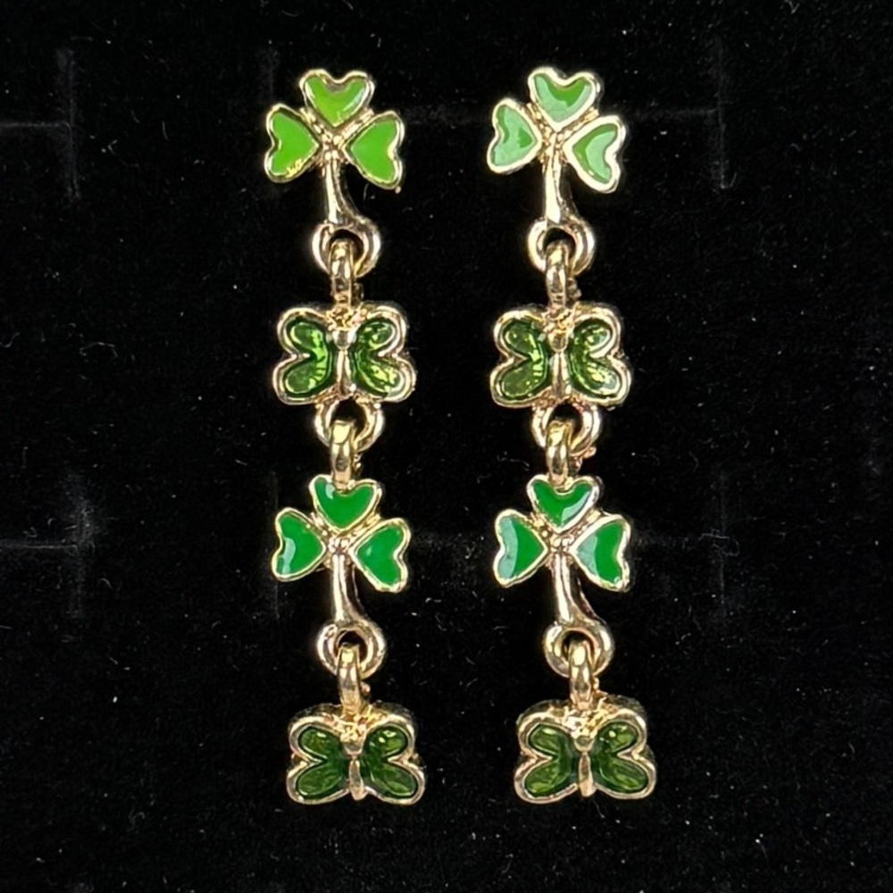 Festive goldtone, green enamel Irish clover butterfly pierced earrings